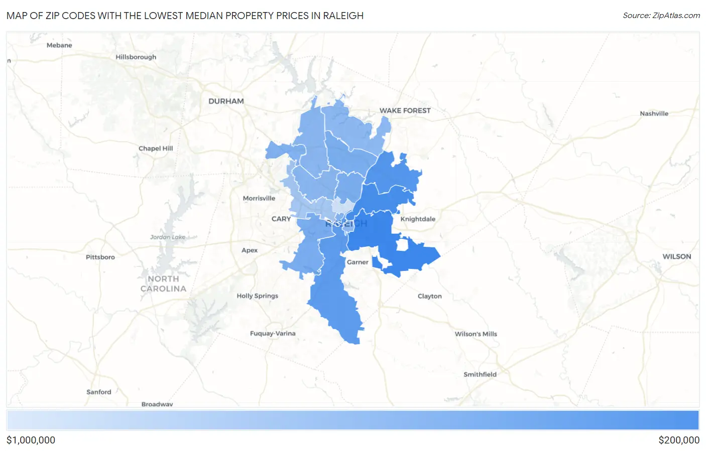 Zip Codes with the Lowest Median Property Prices in Raleigh Map