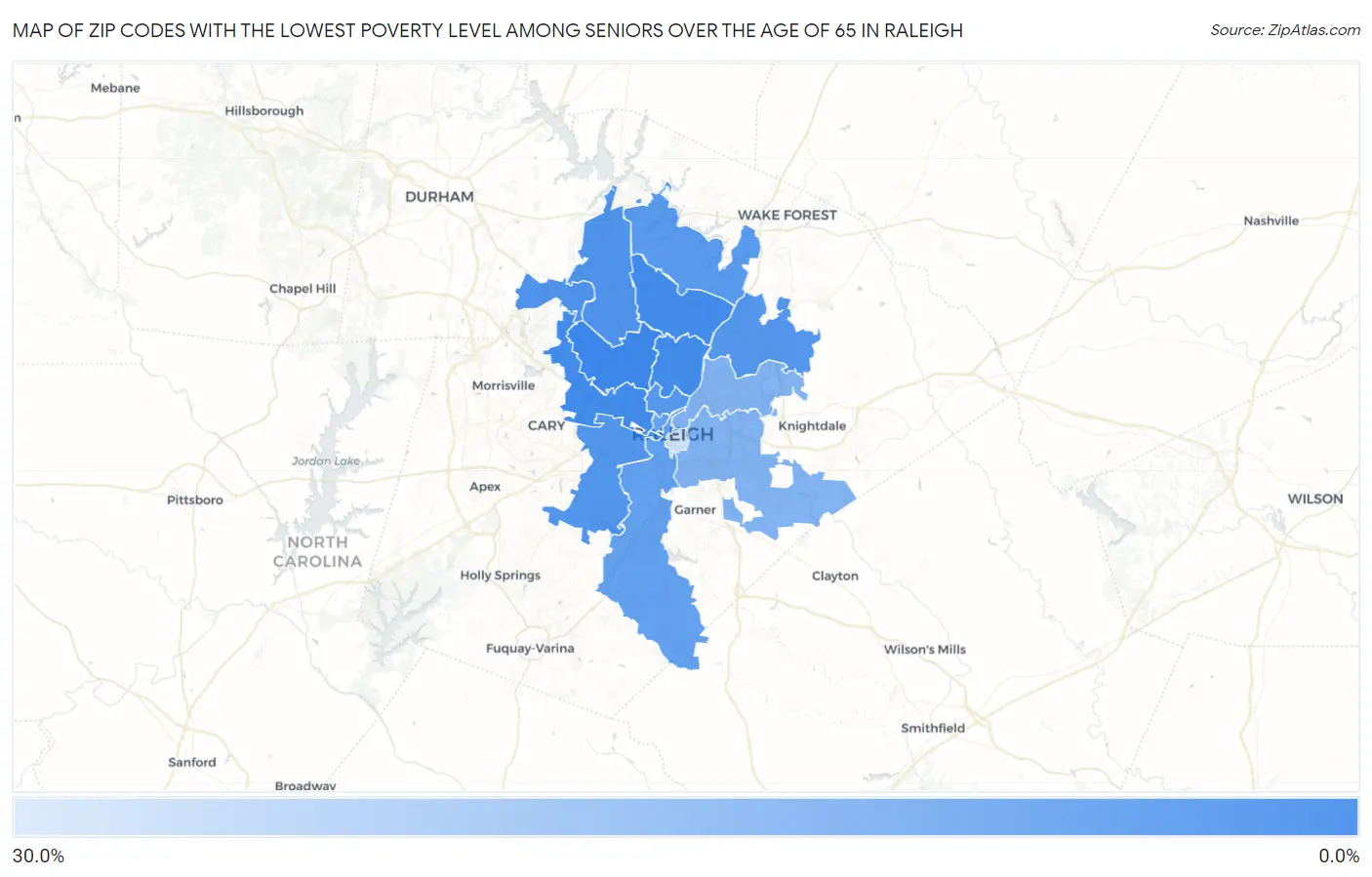 Zip Codes with the Lowest Poverty Level Among Seniors Over the Age of 65 in Raleigh Map