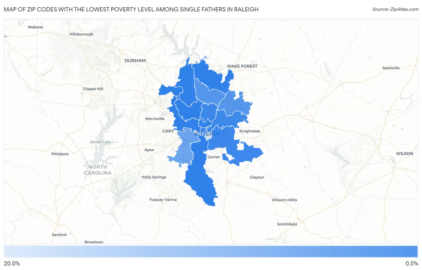 Zip Codes with the Lowest Poverty Level Among Single Fathers in Raleigh Map