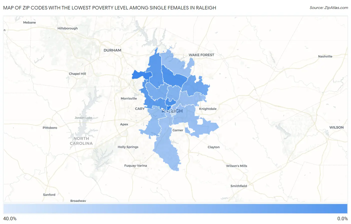 Zip Codes with the Lowest Poverty Level Among Single Females in Raleigh Map