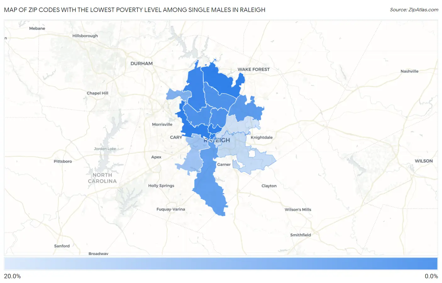 Zip Codes with the Lowest Poverty Level Among Single Males in Raleigh Map