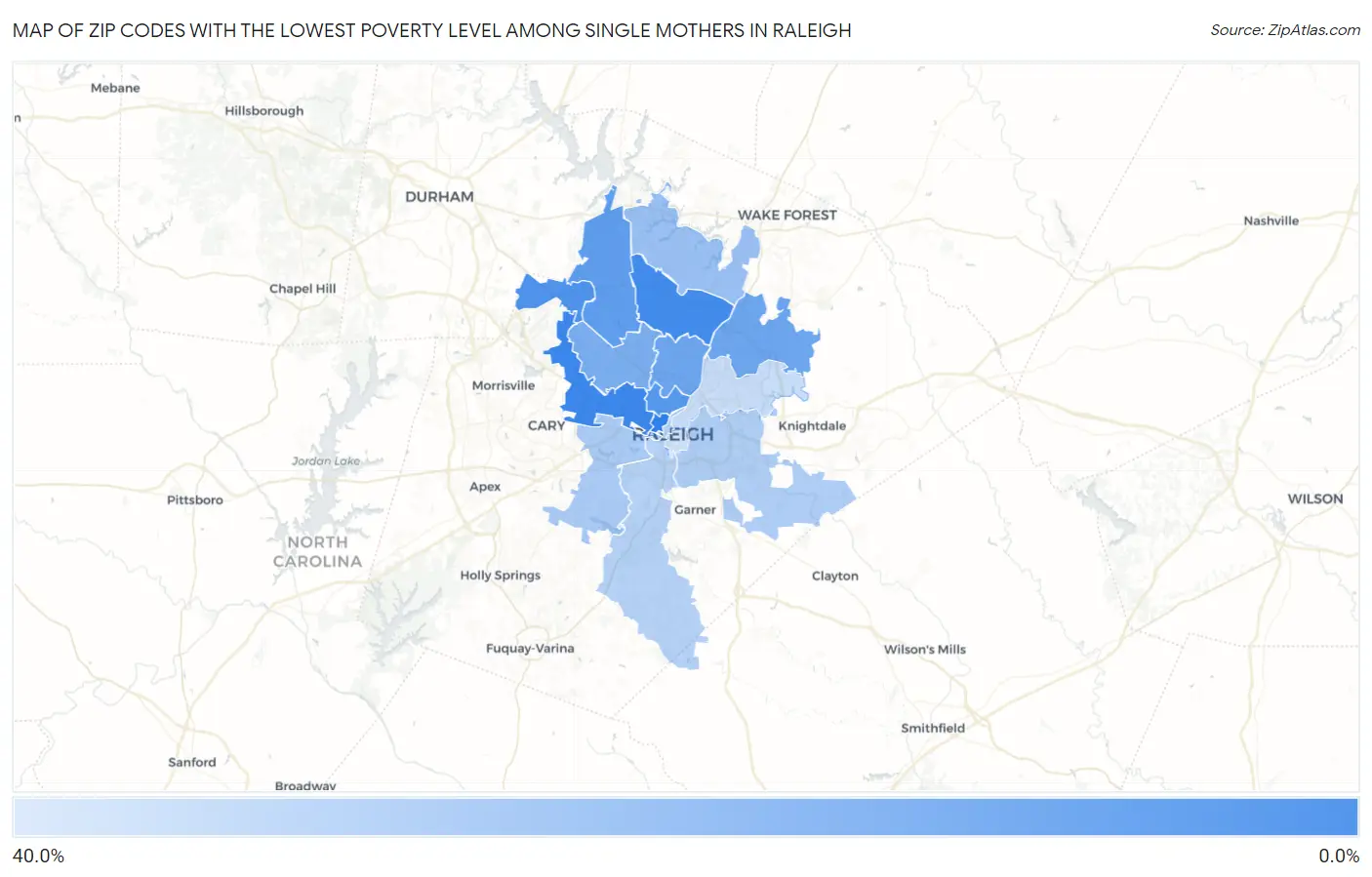 Zip Codes with the Lowest Poverty Level Among Single Mothers in Raleigh Map