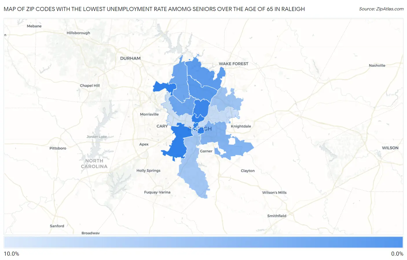 Zip Codes with the Lowest Unemployment Rate Amomg Seniors Over the Age of 65 in Raleigh Map
