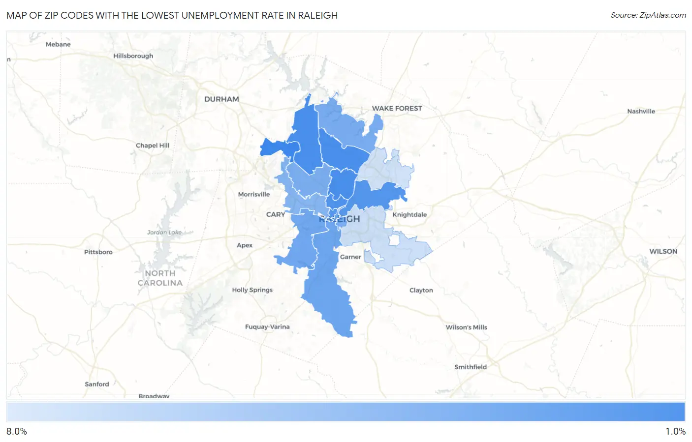 Zip Codes with the Lowest Unemployment Rate in Raleigh Map