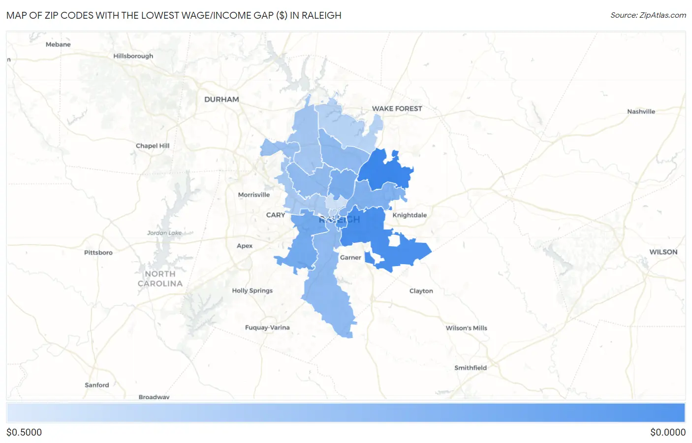Zip Codes with the Lowest Wage/Income Gap ($) in Raleigh Map