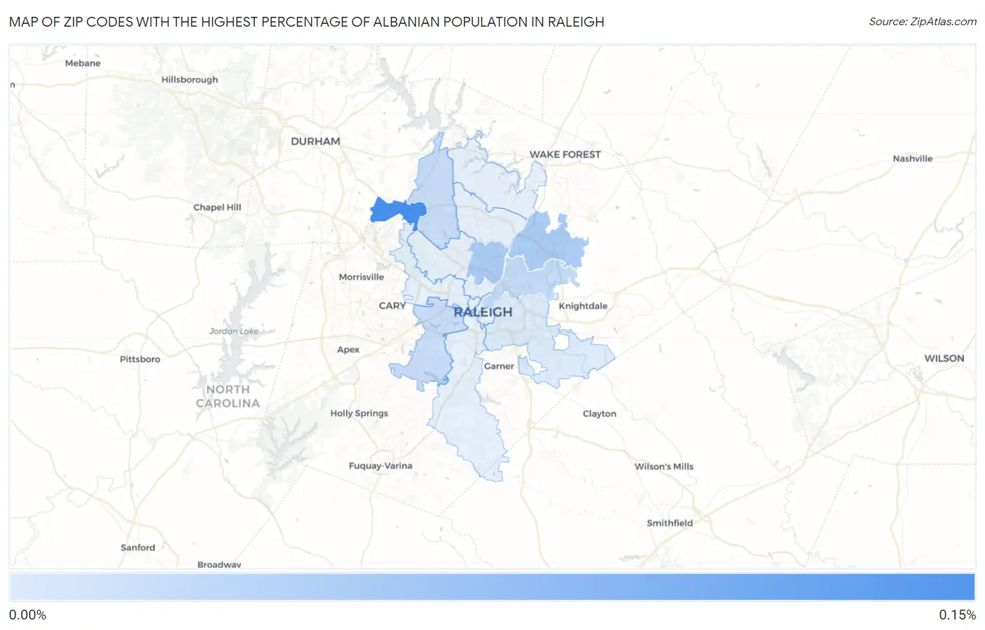Zip Codes with the Highest Percentage of Albanian Population in Raleigh Map