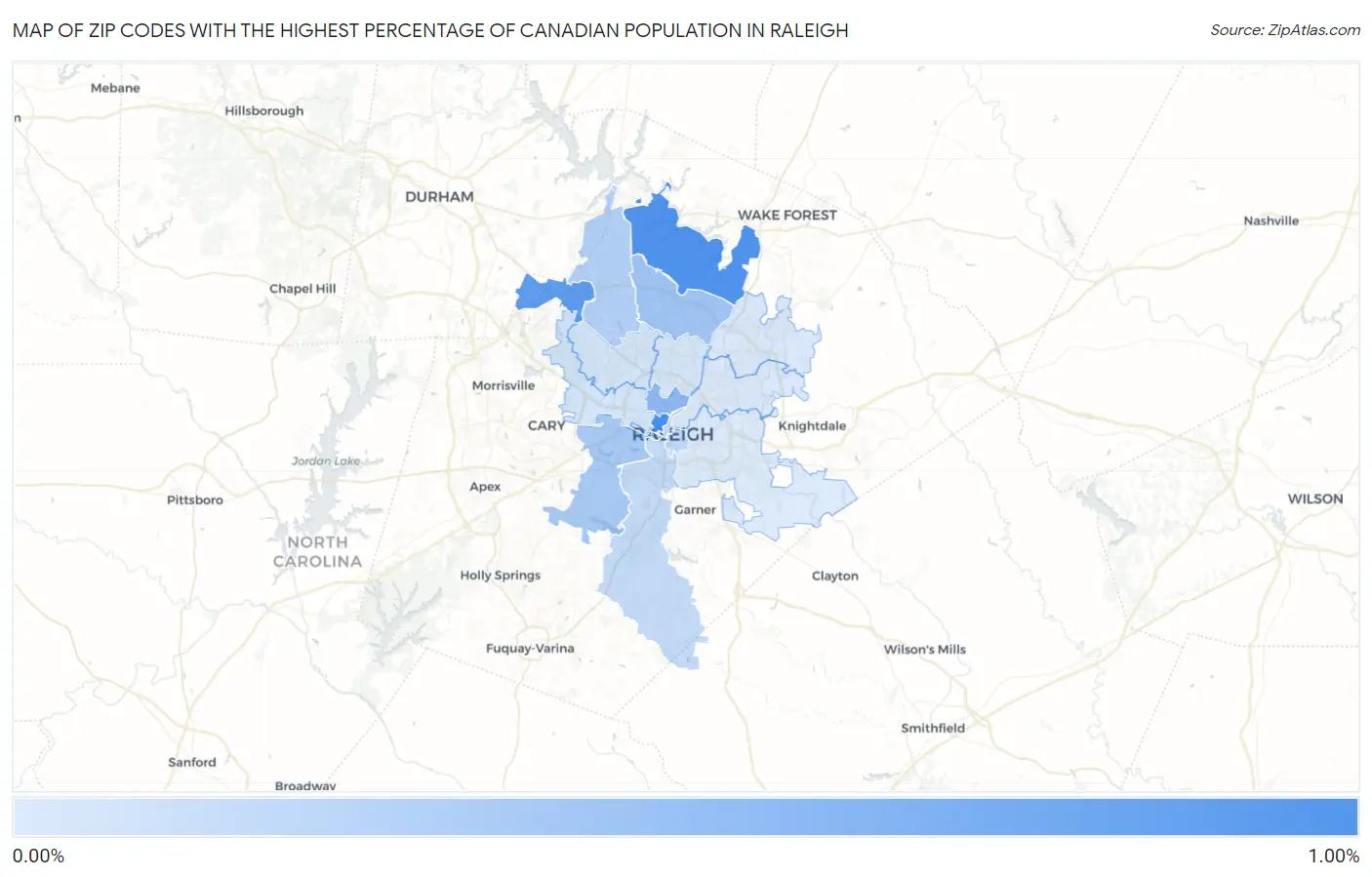 Zip Codes with the Highest Percentage of Canadian Population in Raleigh Map