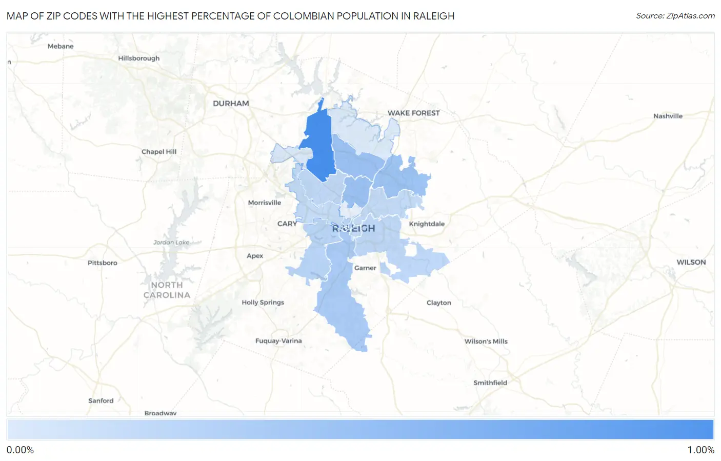Zip Codes with the Highest Percentage of Colombian Population in Raleigh Map