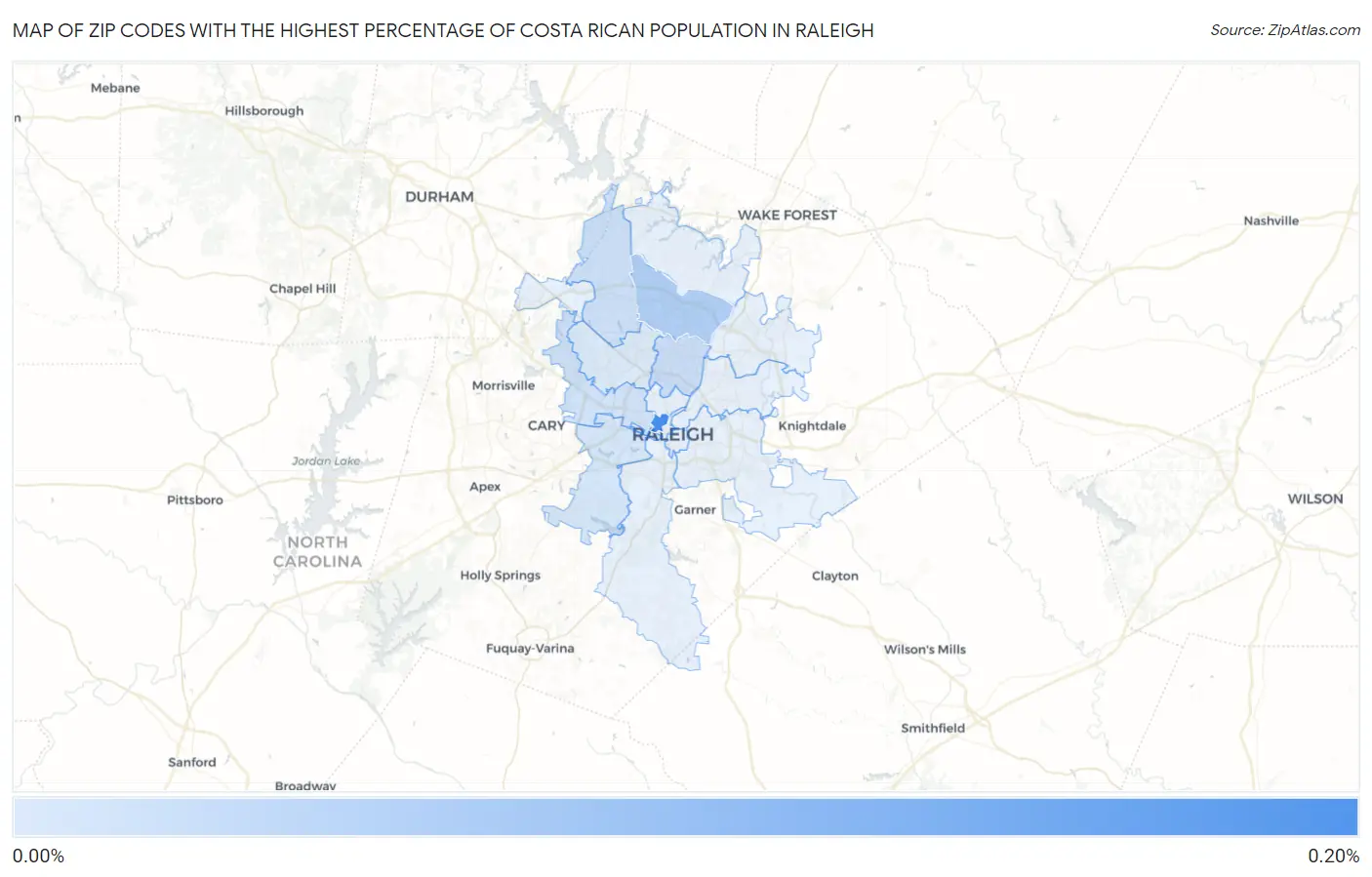 Zip Codes with the Highest Percentage of Costa Rican Population in Raleigh Map