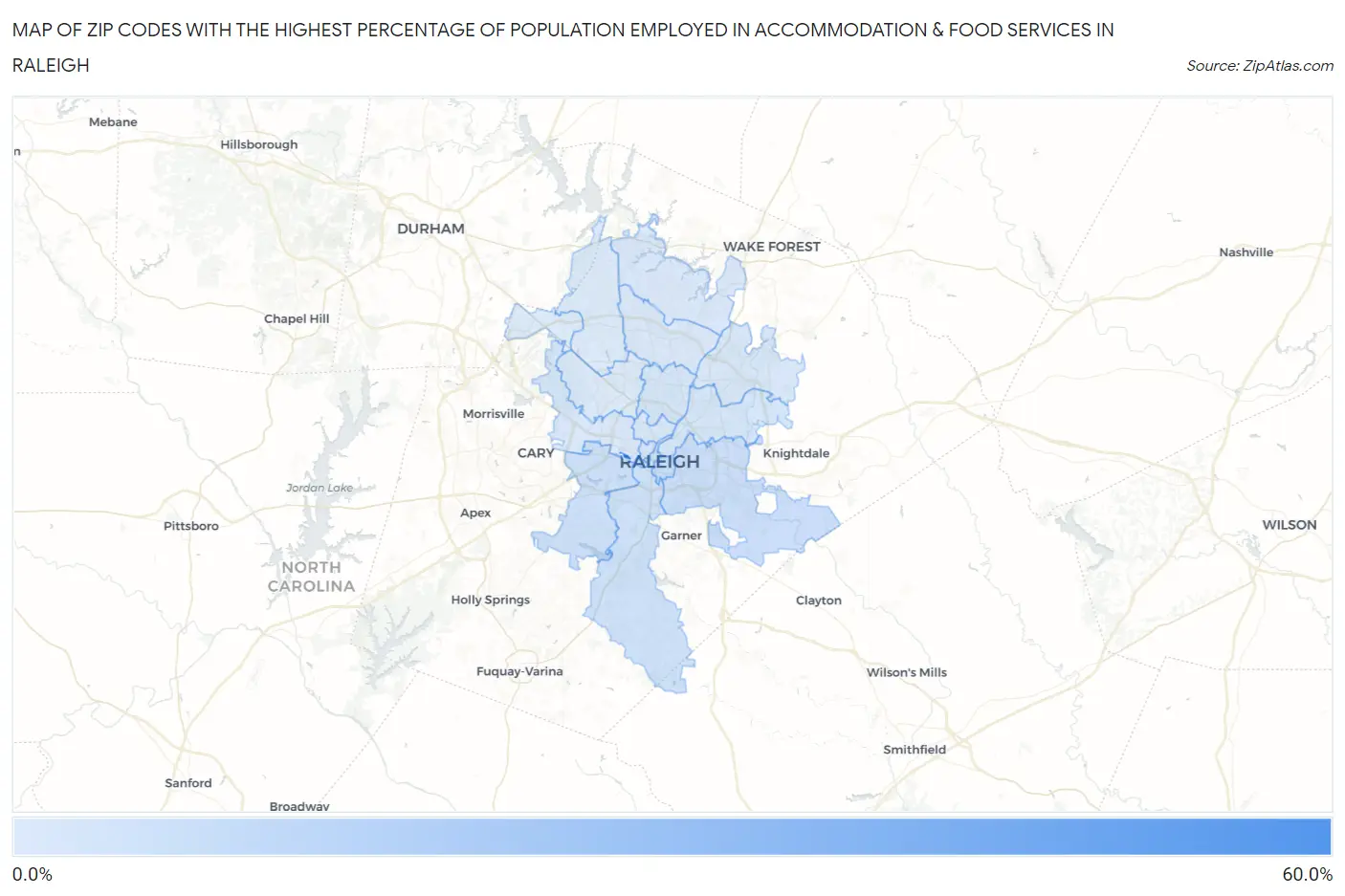 Zip Codes with the Highest Percentage of Population Employed in Accommodation & Food Services in Raleigh Map
