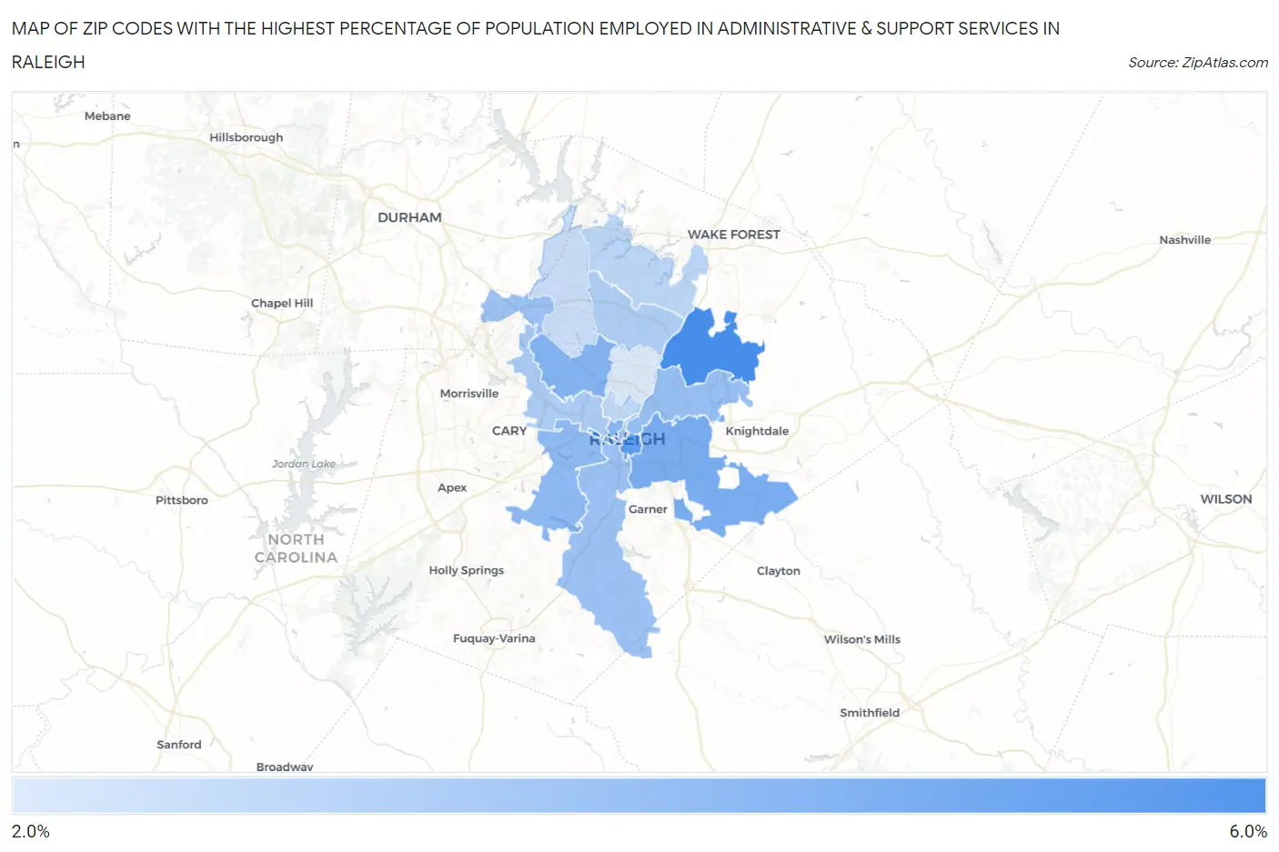 Zip Codes with the Highest Percentage of Population Employed in Administrative & Support Services in Raleigh Map