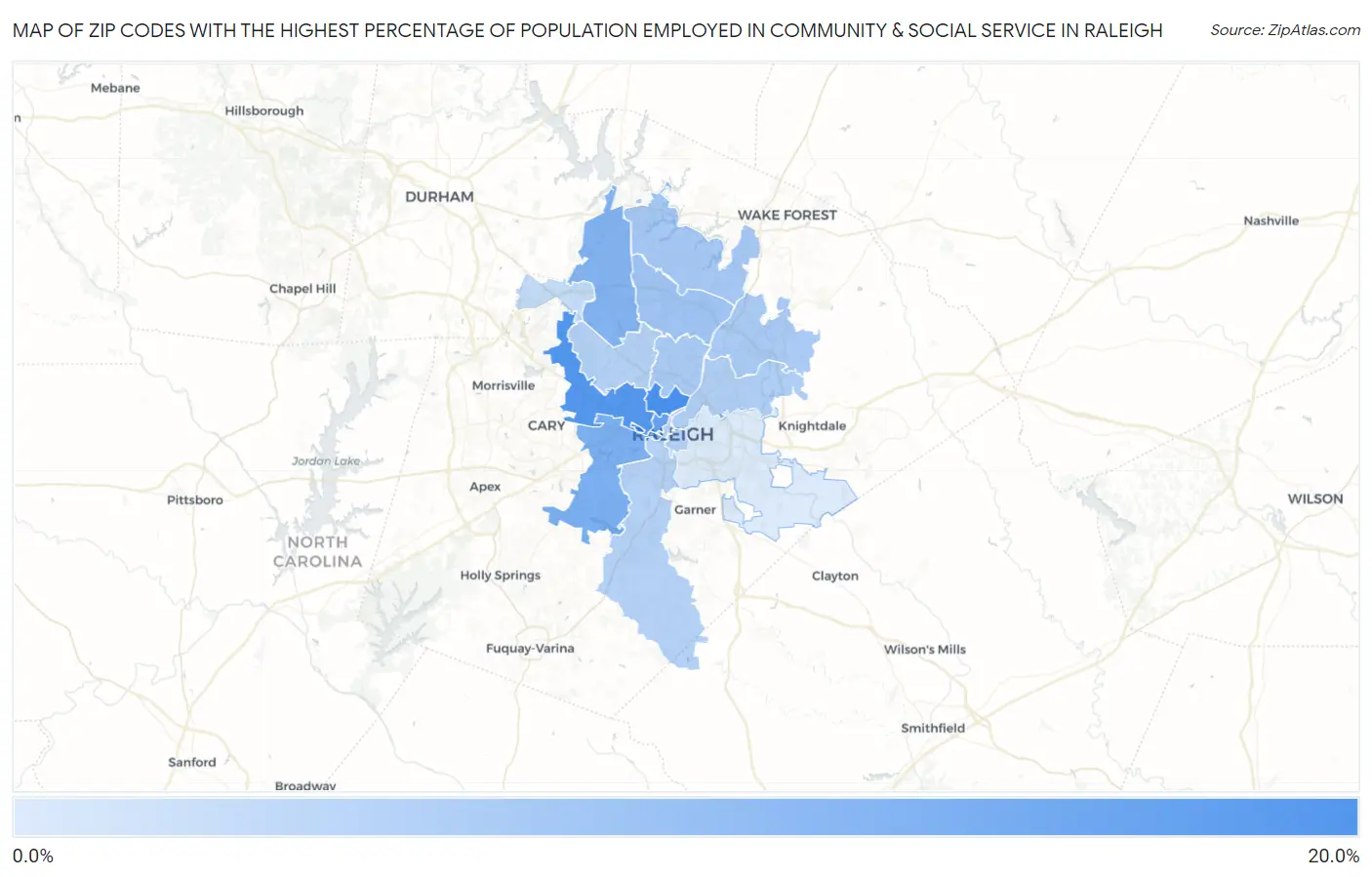 Zip Codes with the Highest Percentage of Population Employed in Community & Social Service  in Raleigh Map