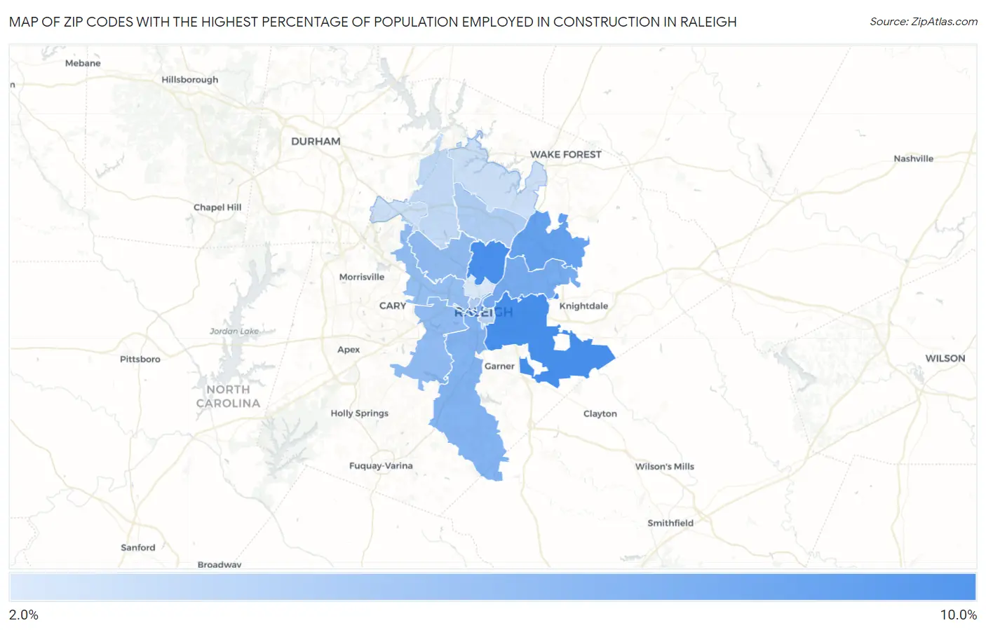 Zip Codes with the Highest Percentage of Population Employed in Construction in Raleigh Map