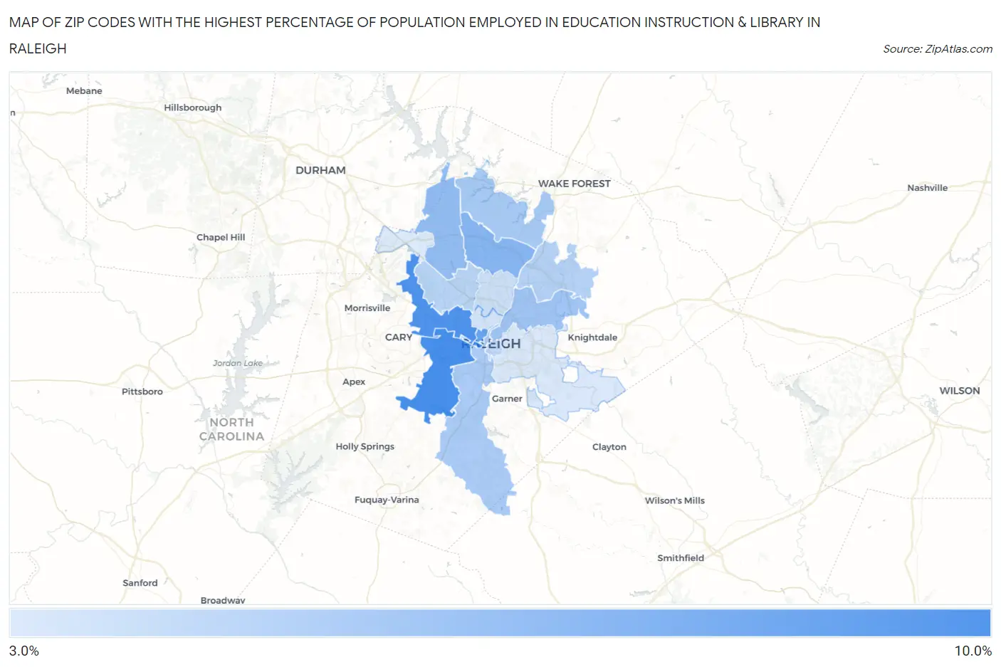 Zip Codes with the Highest Percentage of Population Employed in Education Instruction & Library in Raleigh Map