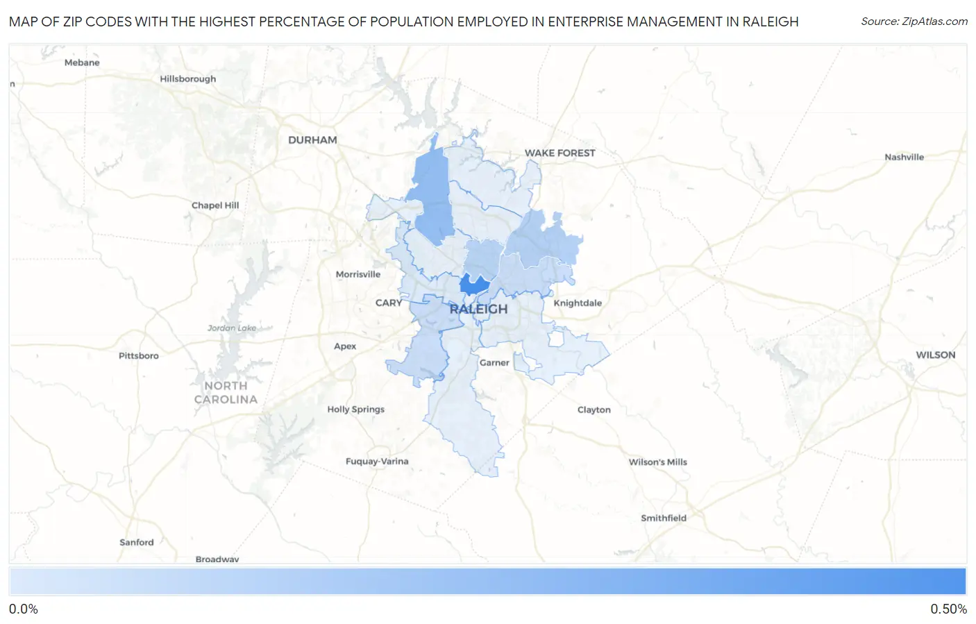 Zip Codes with the Highest Percentage of Population Employed in Enterprise Management in Raleigh Map