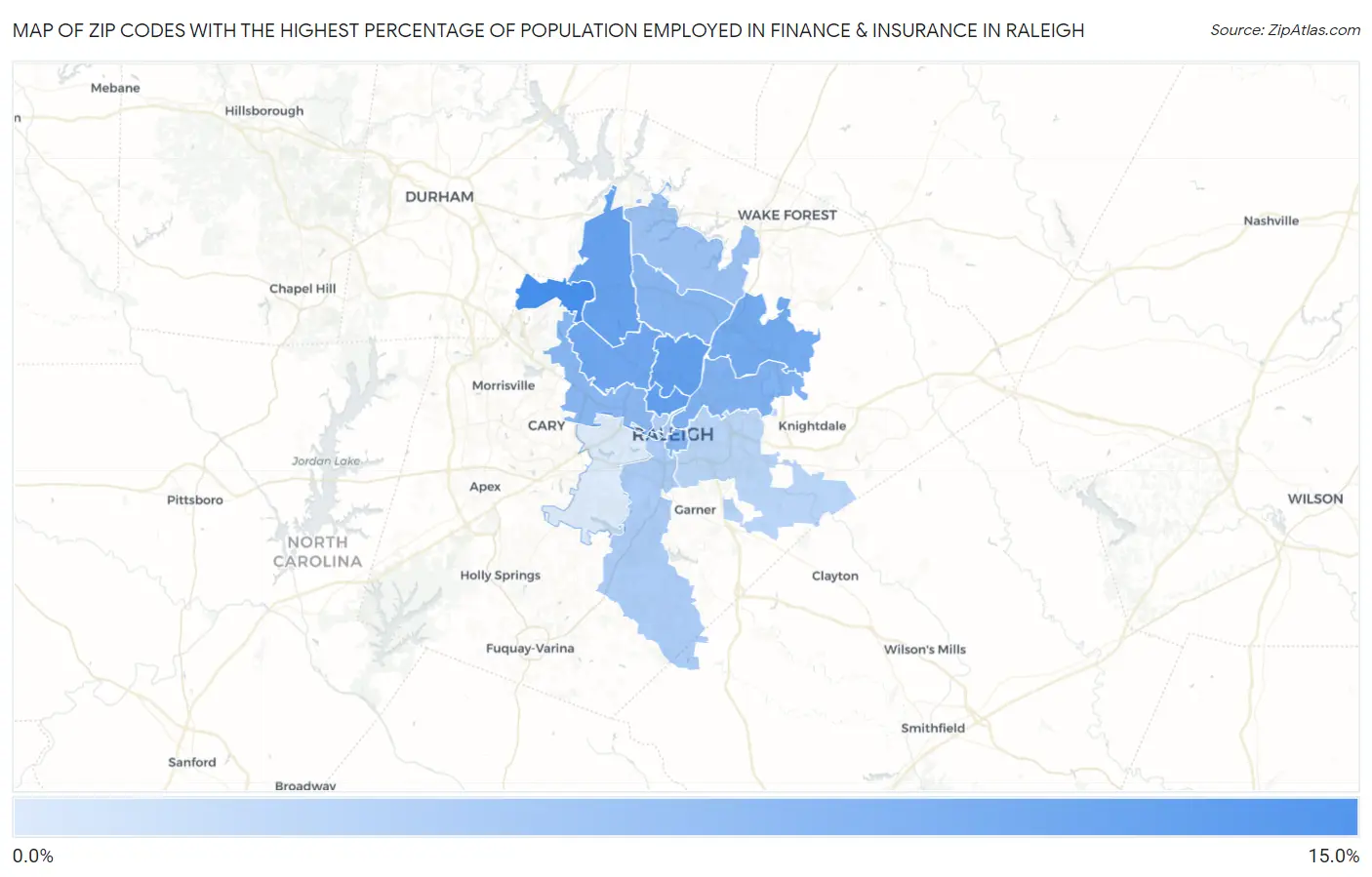Zip Codes with the Highest Percentage of Population Employed in Finance & Insurance in Raleigh Map