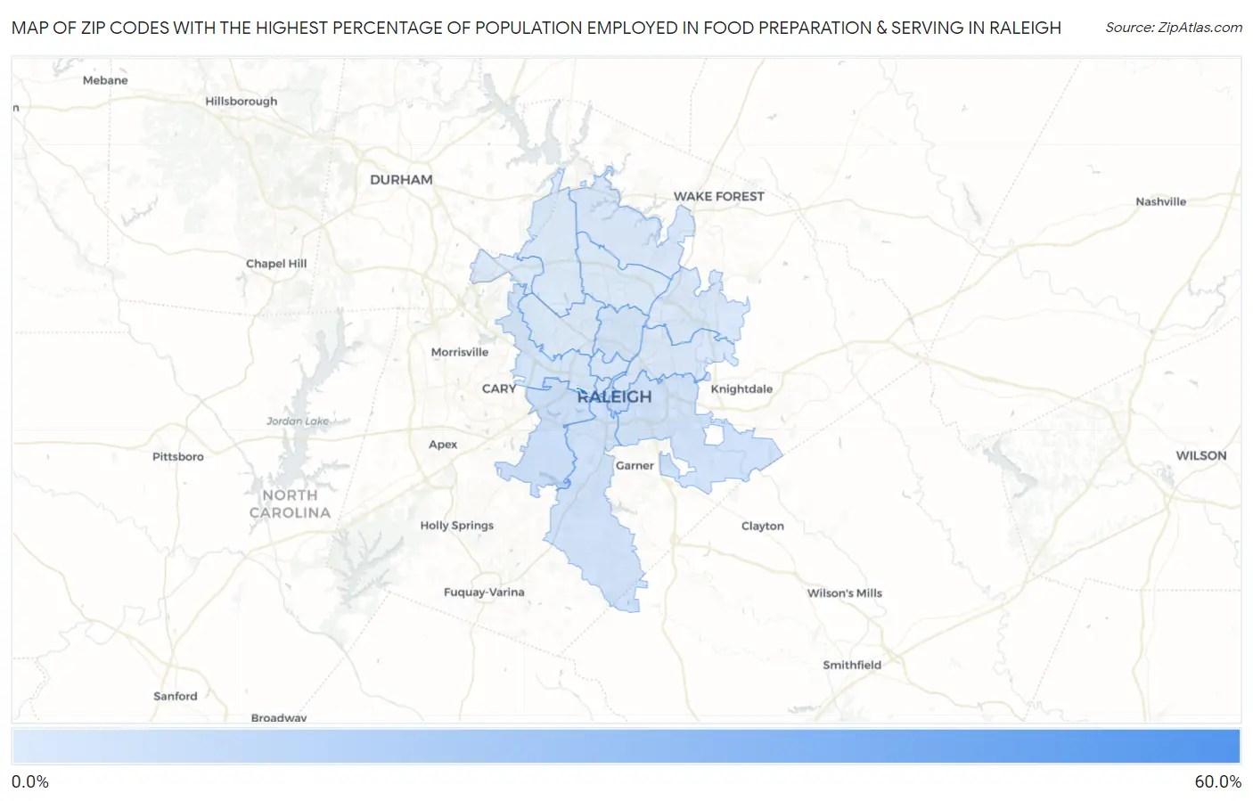 Zip Codes with the Highest Percentage of Population Employed in Food Preparation & Serving in Raleigh Map