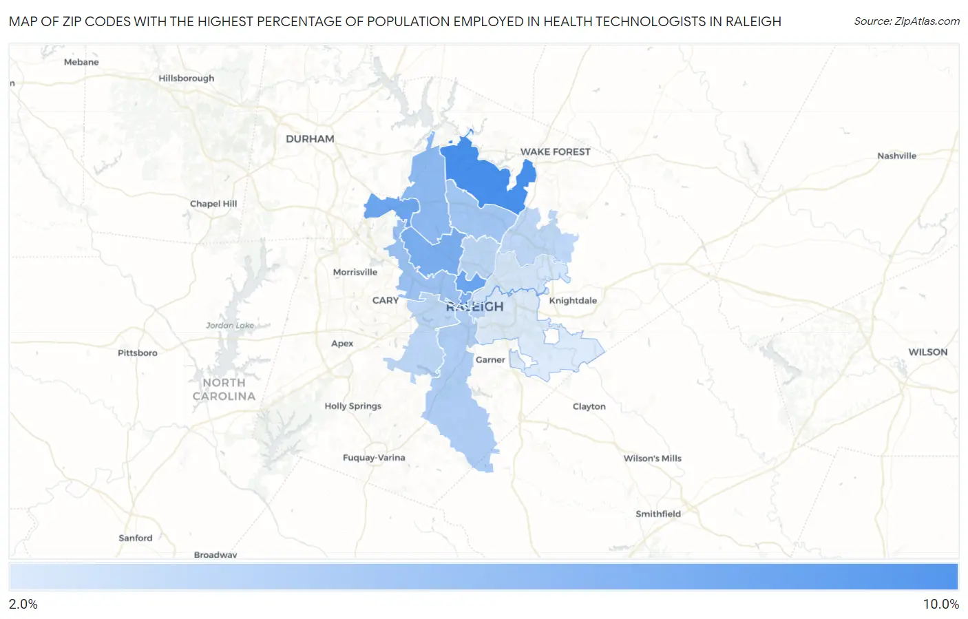 Zip Codes with the Highest Percentage of Population Employed in Health Technologists in Raleigh Map