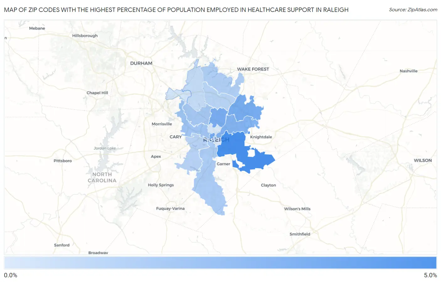 Zip Codes with the Highest Percentage of Population Employed in Healthcare Support in Raleigh Map