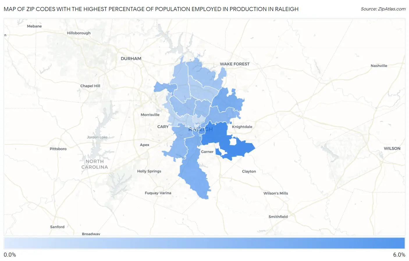 Zip Codes with the Highest Percentage of Population Employed in Production in Raleigh Map