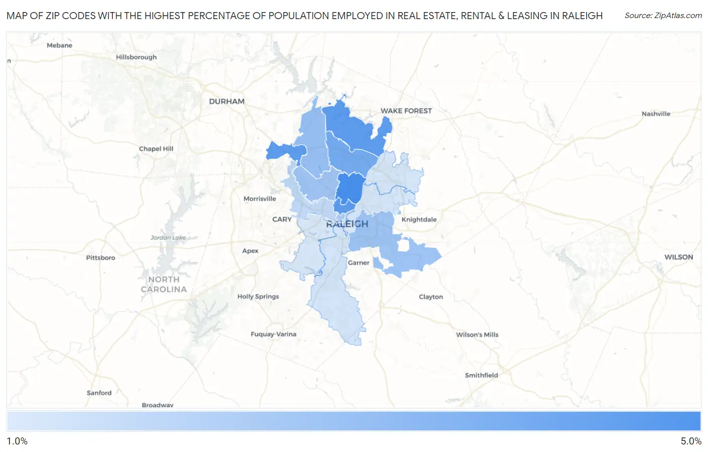 Zip Codes with the Highest Percentage of Population Employed in Real Estate, Rental & Leasing in Raleigh Map