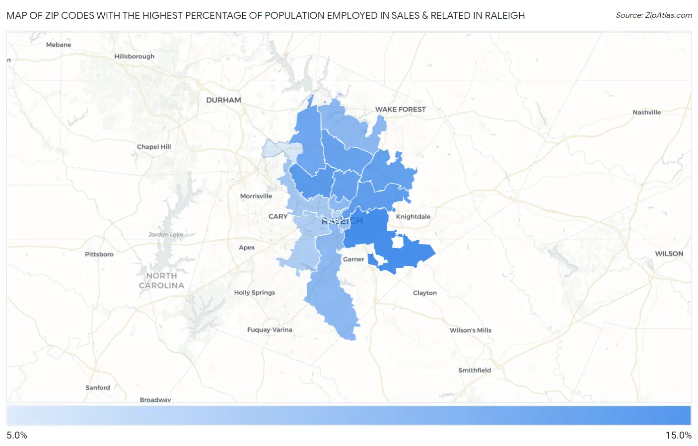 Zip Codes with the Highest Percentage of Population Employed in Sales & Related in Raleigh Map