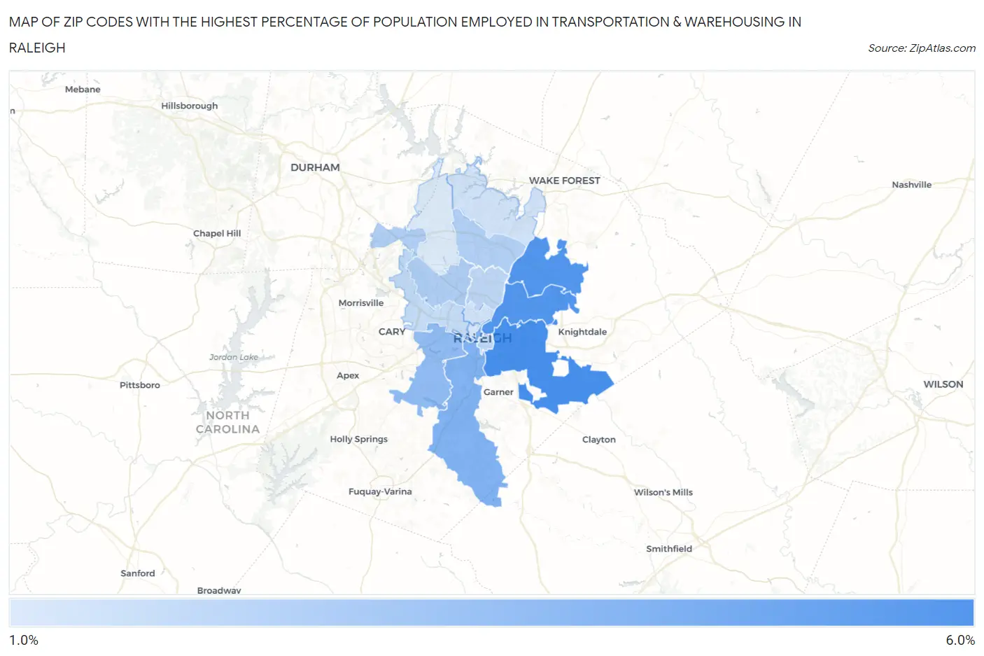 Zip Codes with the Highest Percentage of Population Employed in Transportation & Warehousing in Raleigh Map
