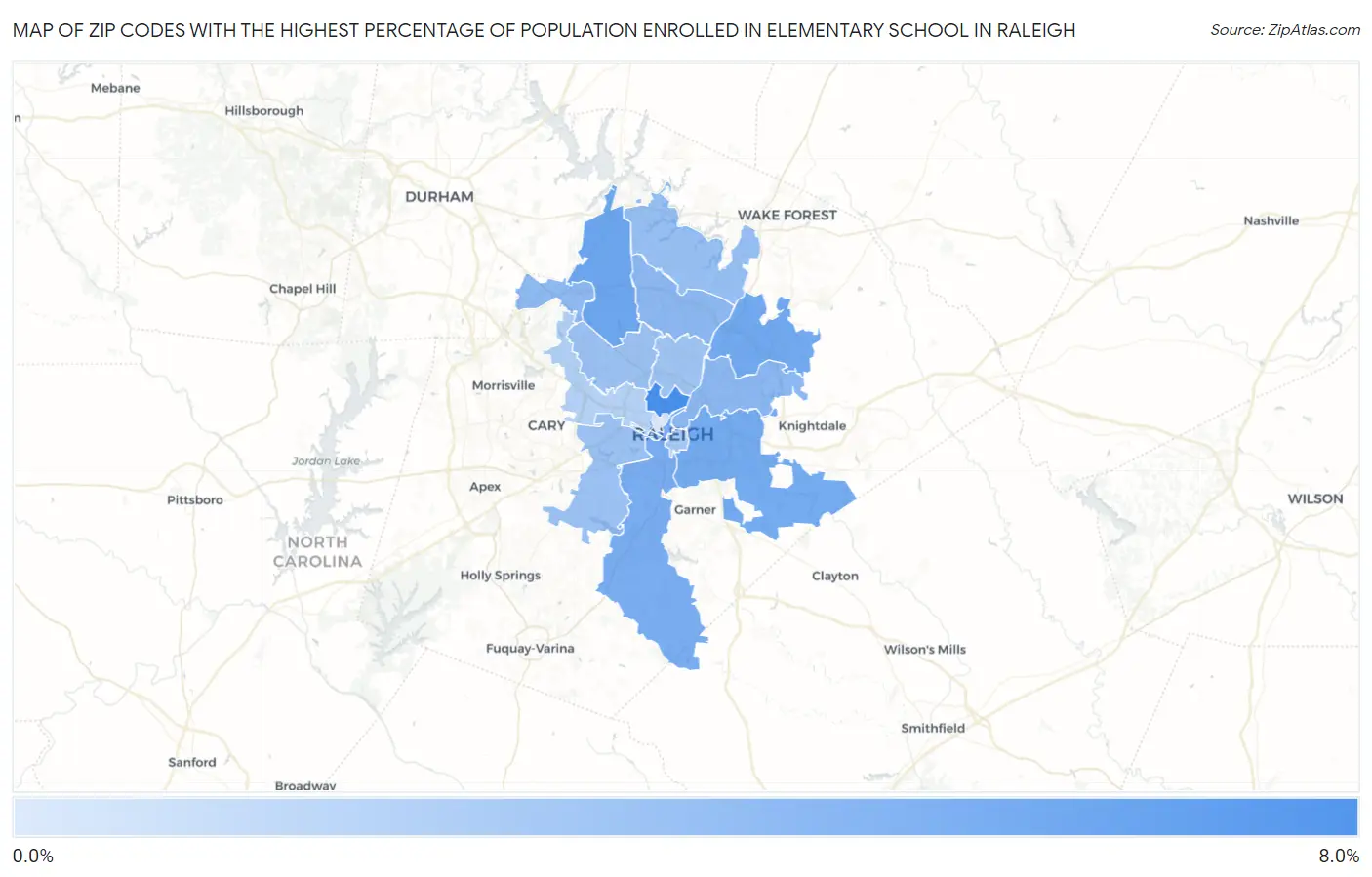 Zip Codes with the Highest Percentage of Population Enrolled in Elementary School in Raleigh Map