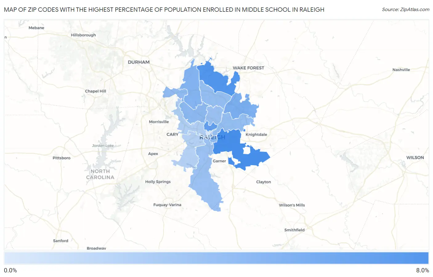 Zip Codes with the Highest Percentage of Population Enrolled in Middle School in Raleigh Map
