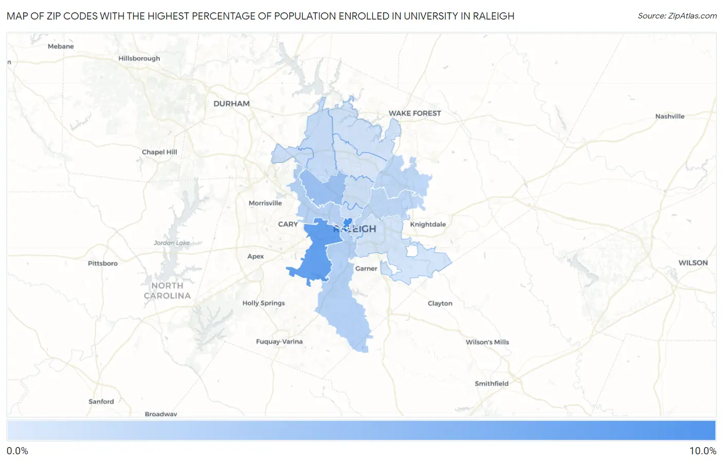 Zip Codes with the Highest Percentage of Population Enrolled in University in Raleigh Map