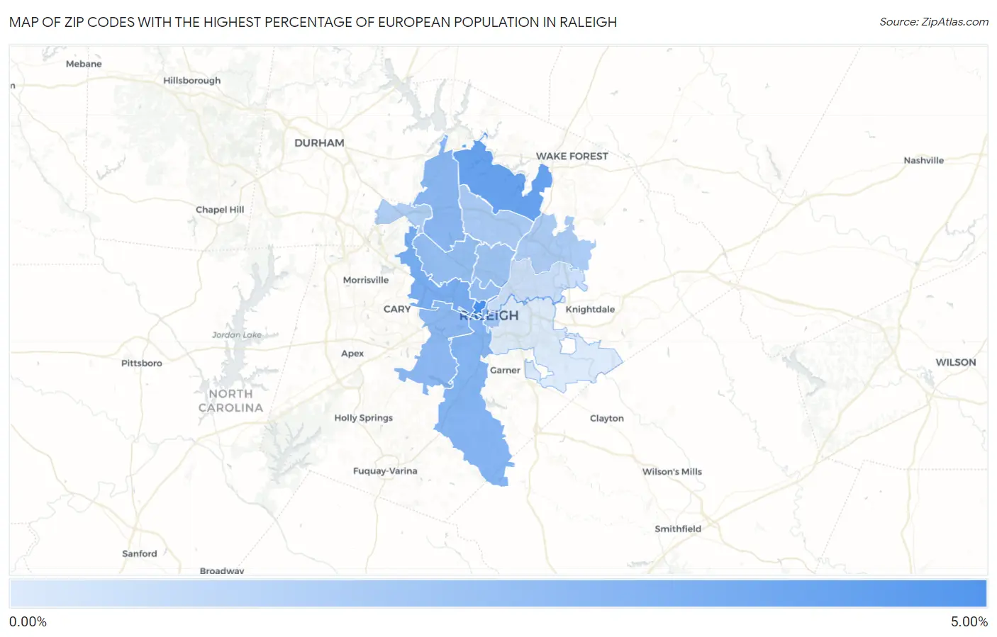 Zip Codes with the Highest Percentage of European Population in Raleigh Map