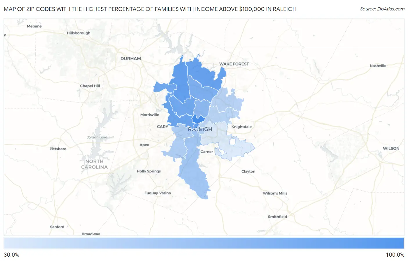 Zip Codes with the Highest Percentage of Families with Income Above $100,000 in Raleigh Map