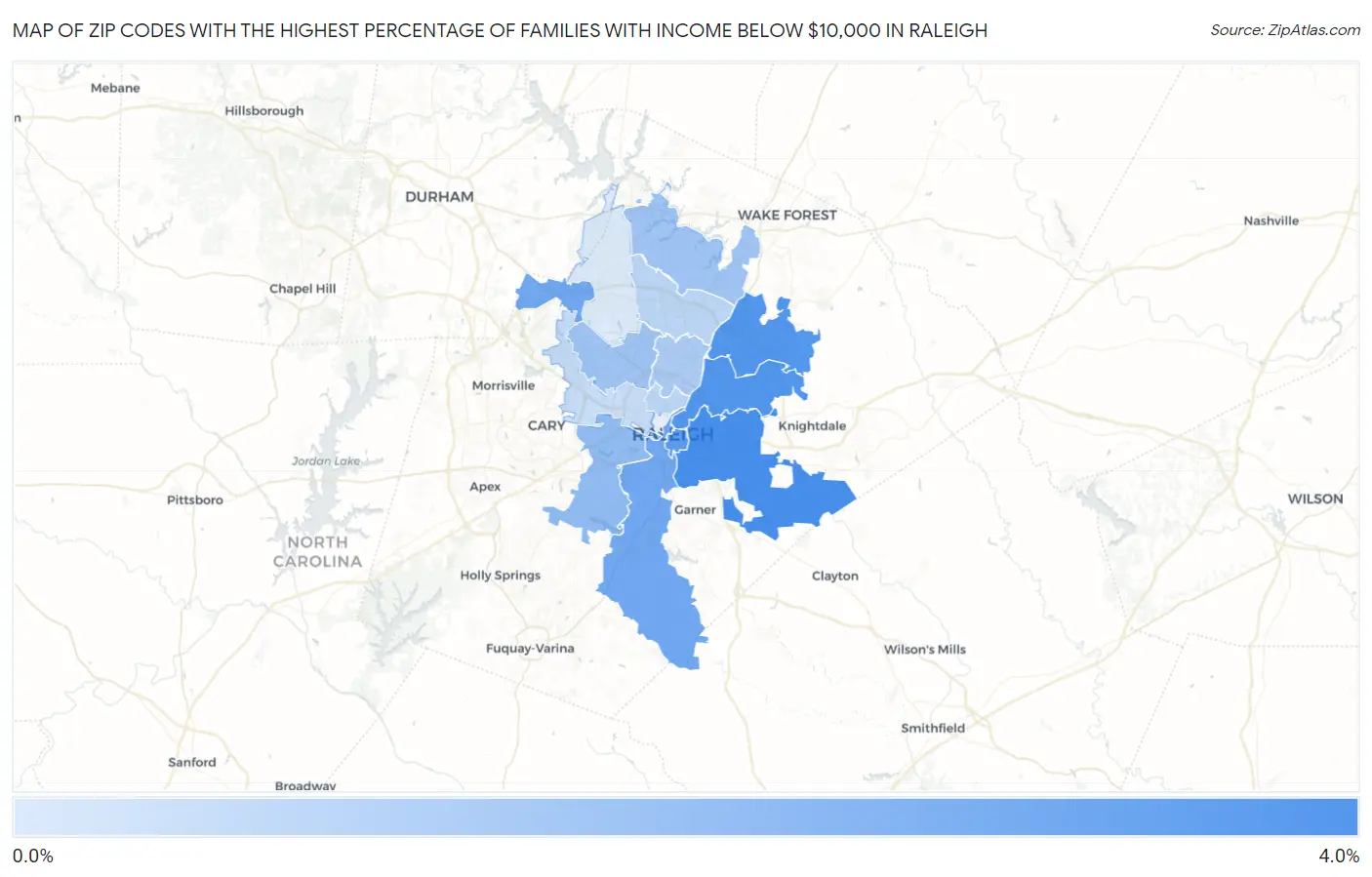 Zip Codes with the Highest Percentage of Families with Income Below $10,000 in Raleigh Map