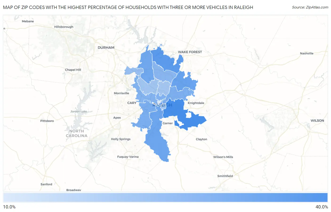Zip Codes with the Highest Percentage of Households With Three or more Vehicles in Raleigh Map