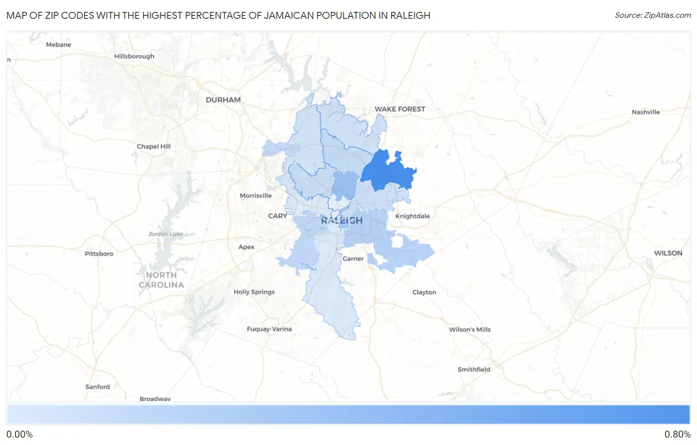 Zip Codes with the Highest Percentage of Jamaican Population in Raleigh Map