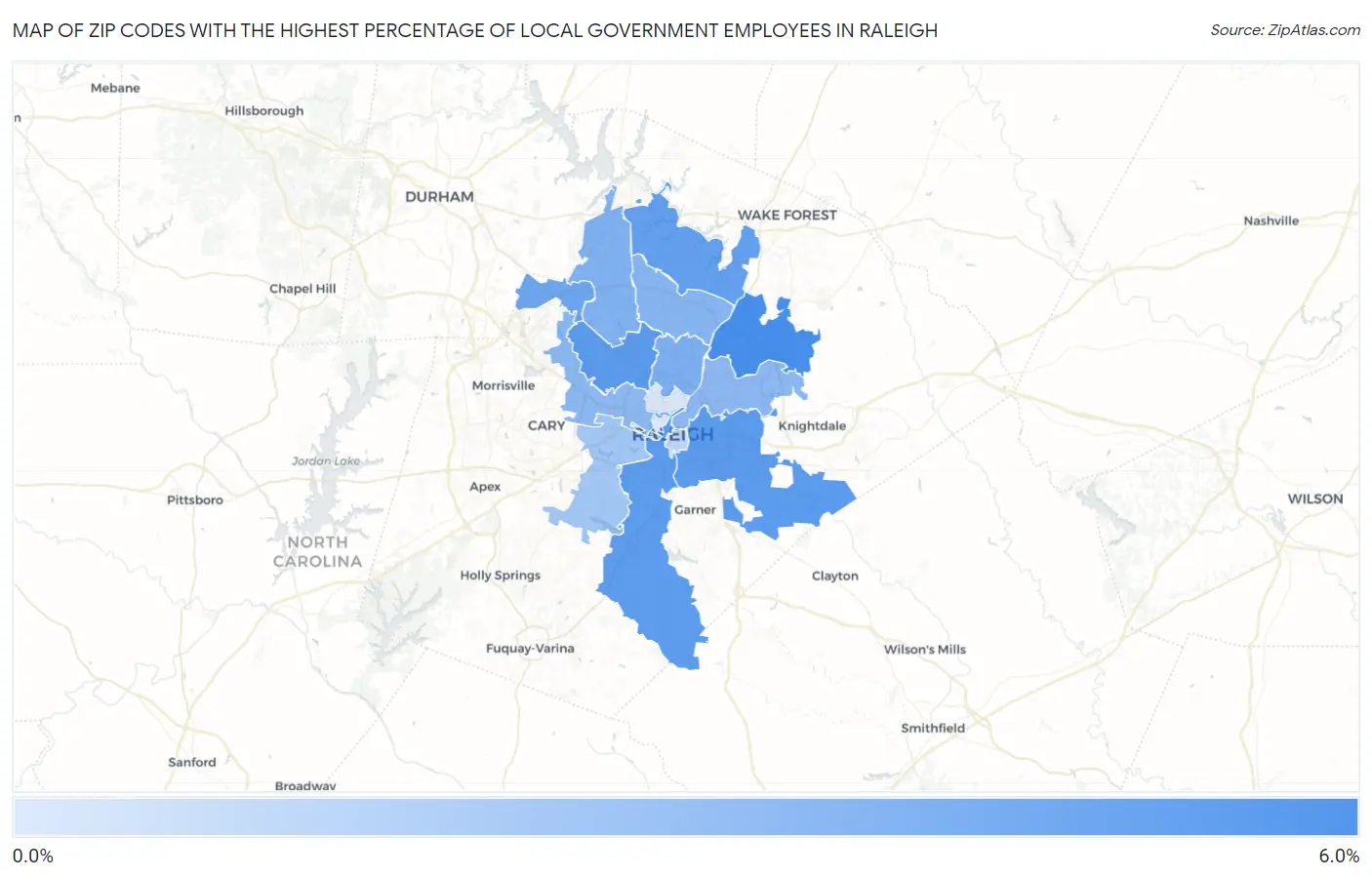 Zip Codes with the Highest Percentage of Local Government Employees in Raleigh Map