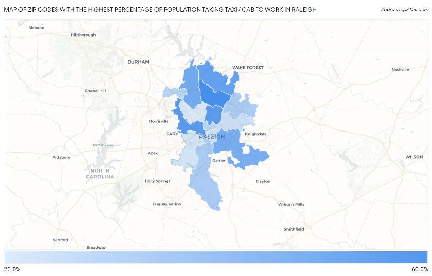 Zip Codes with the Highest Percentage of Population Taking Taxi / Cab to Work in Raleigh Map