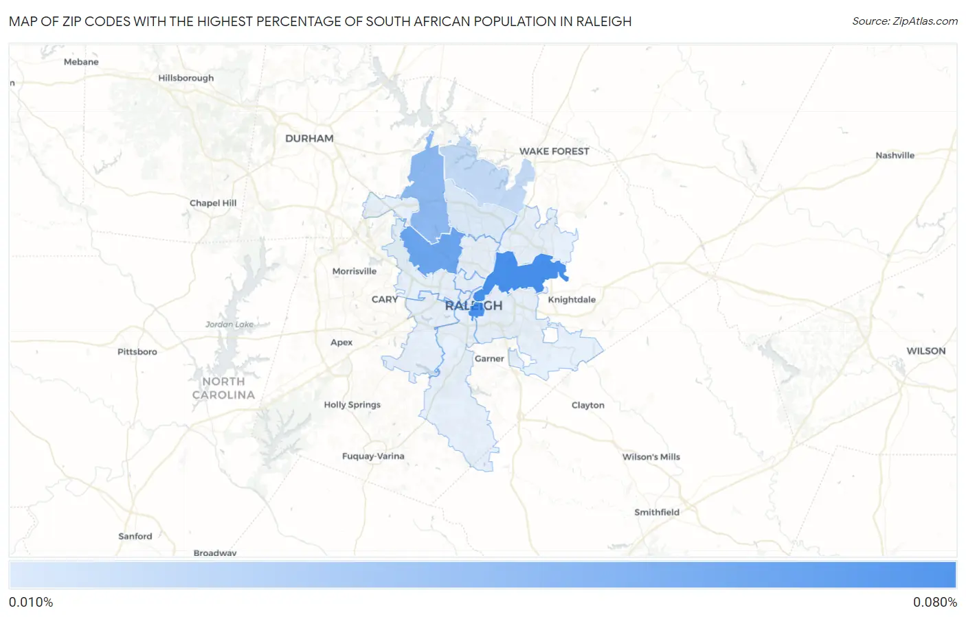 Zip Codes with the Highest Percentage of South African Population in Raleigh Map