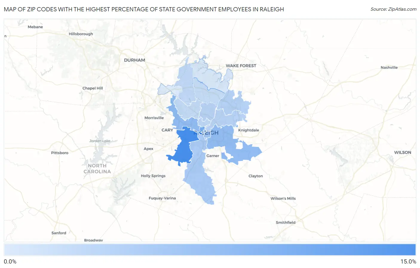 Zip Codes with the Highest Percentage of State Government Employees in Raleigh Map