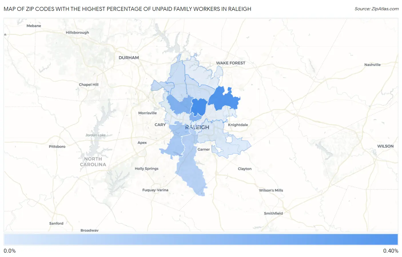 Zip Codes with the Highest Percentage of Unpaid Family Workers in Raleigh Map