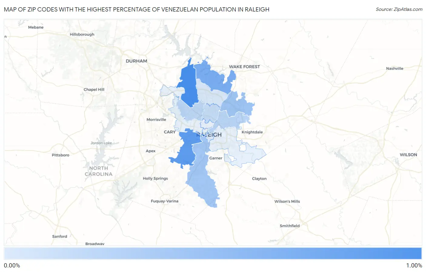 Zip Codes with the Highest Percentage of Venezuelan Population in Raleigh Map
