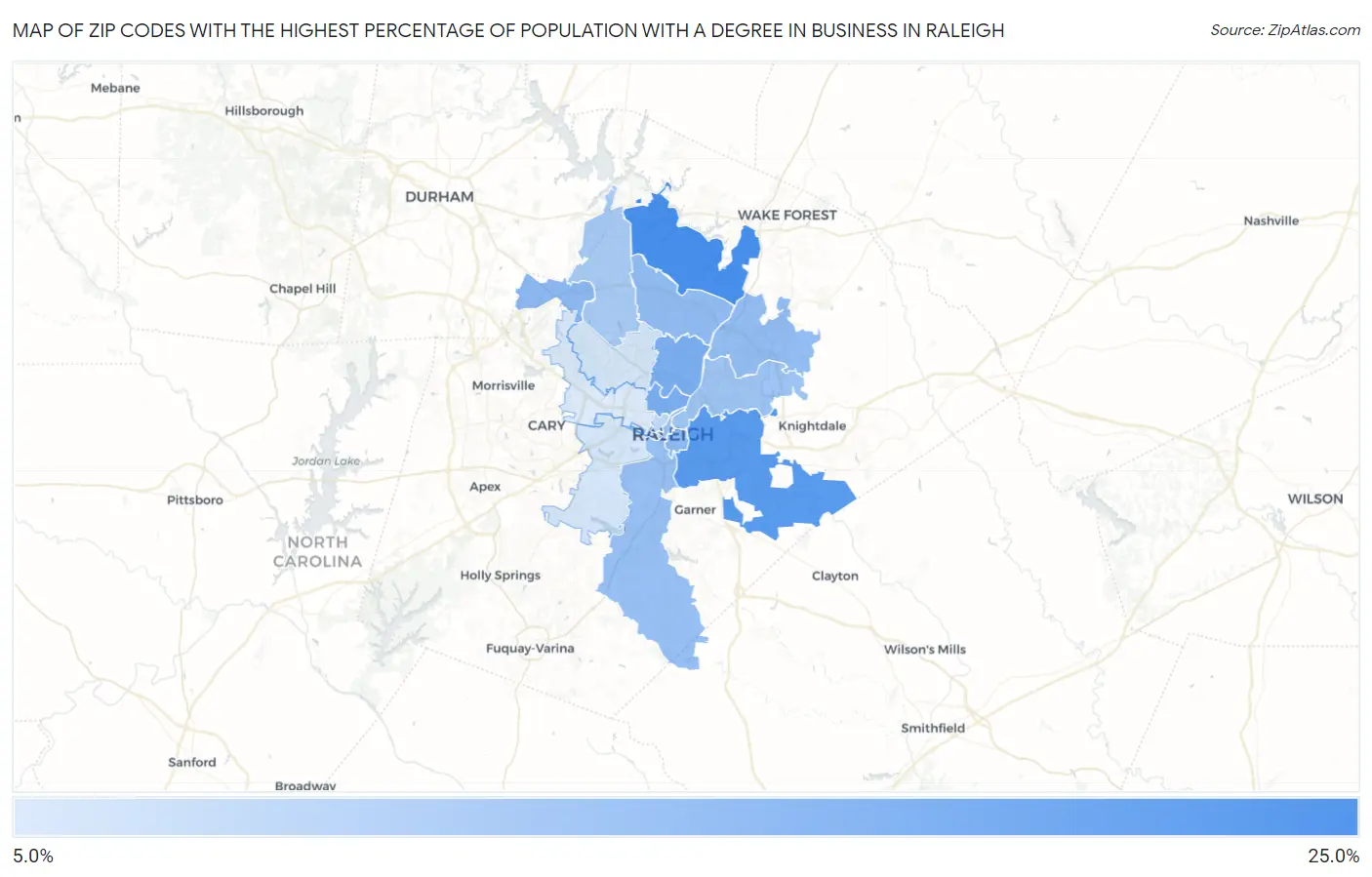 Zip Codes with the Highest Percentage of Population with a Degree in Business in Raleigh Map