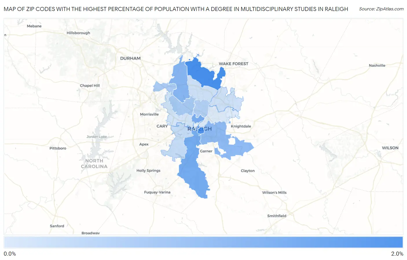 Zip Codes with the Highest Percentage of Population with a Degree in Multidisciplinary Studies in Raleigh Map
