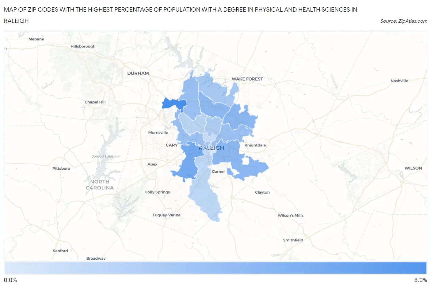 Zip Codes with the Highest Percentage of Population with a Degree in Physical and Health Sciences in Raleigh Map