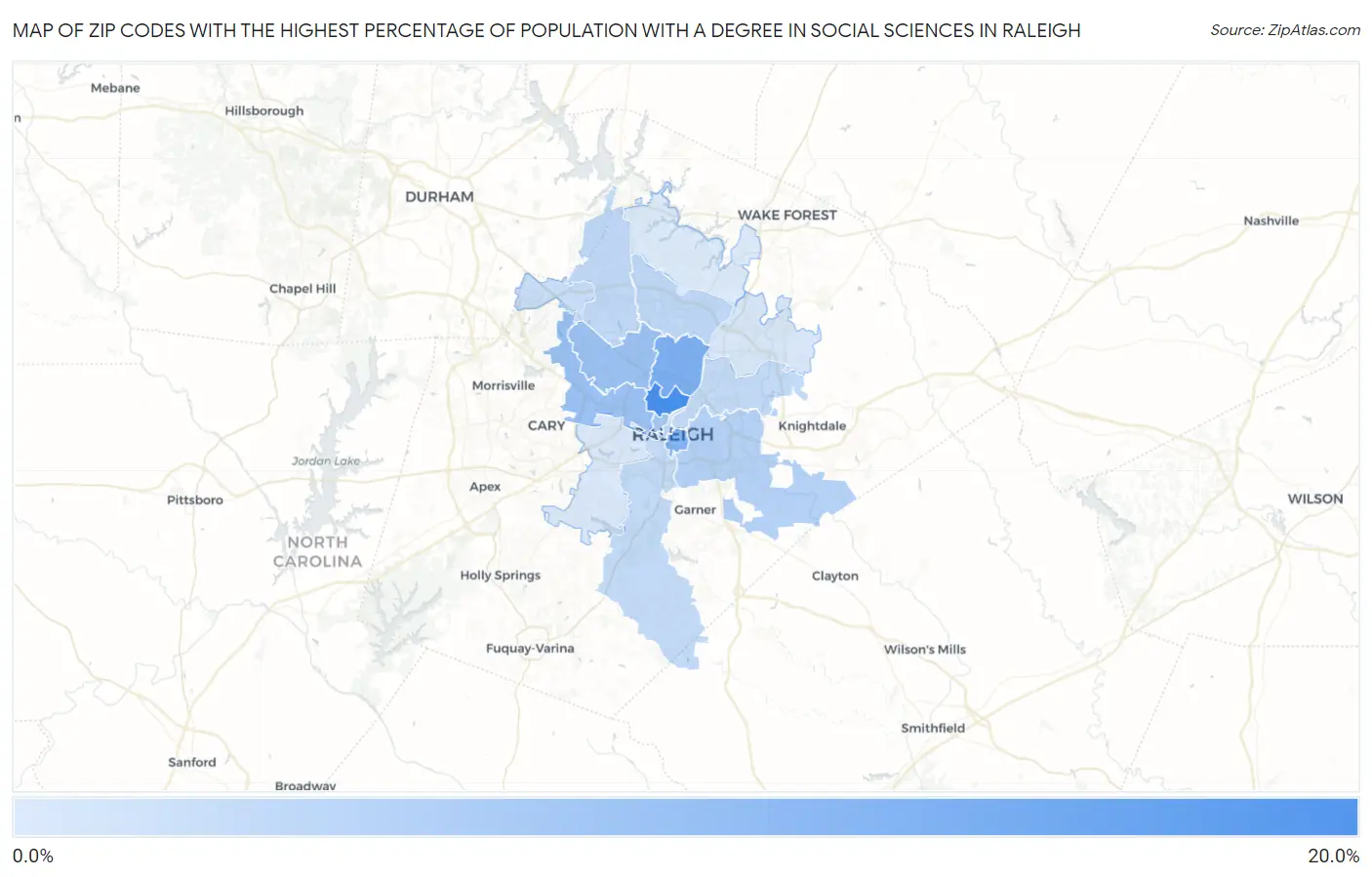 Zip Codes with the Highest Percentage of Population with a Degree in Social Sciences in Raleigh Map