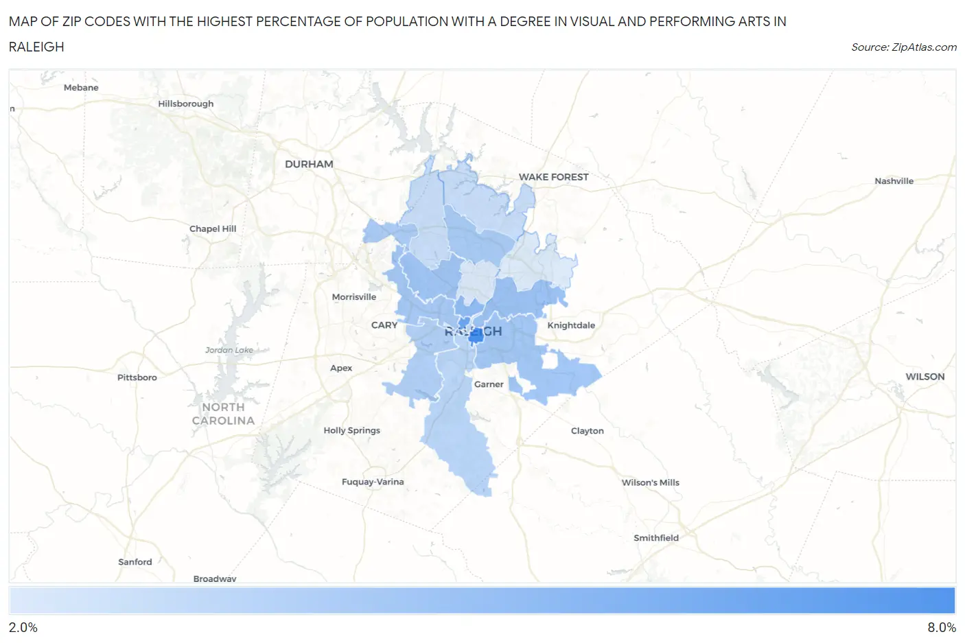 Zip Codes with the Highest Percentage of Population with a Degree in Visual and Performing Arts in Raleigh Map