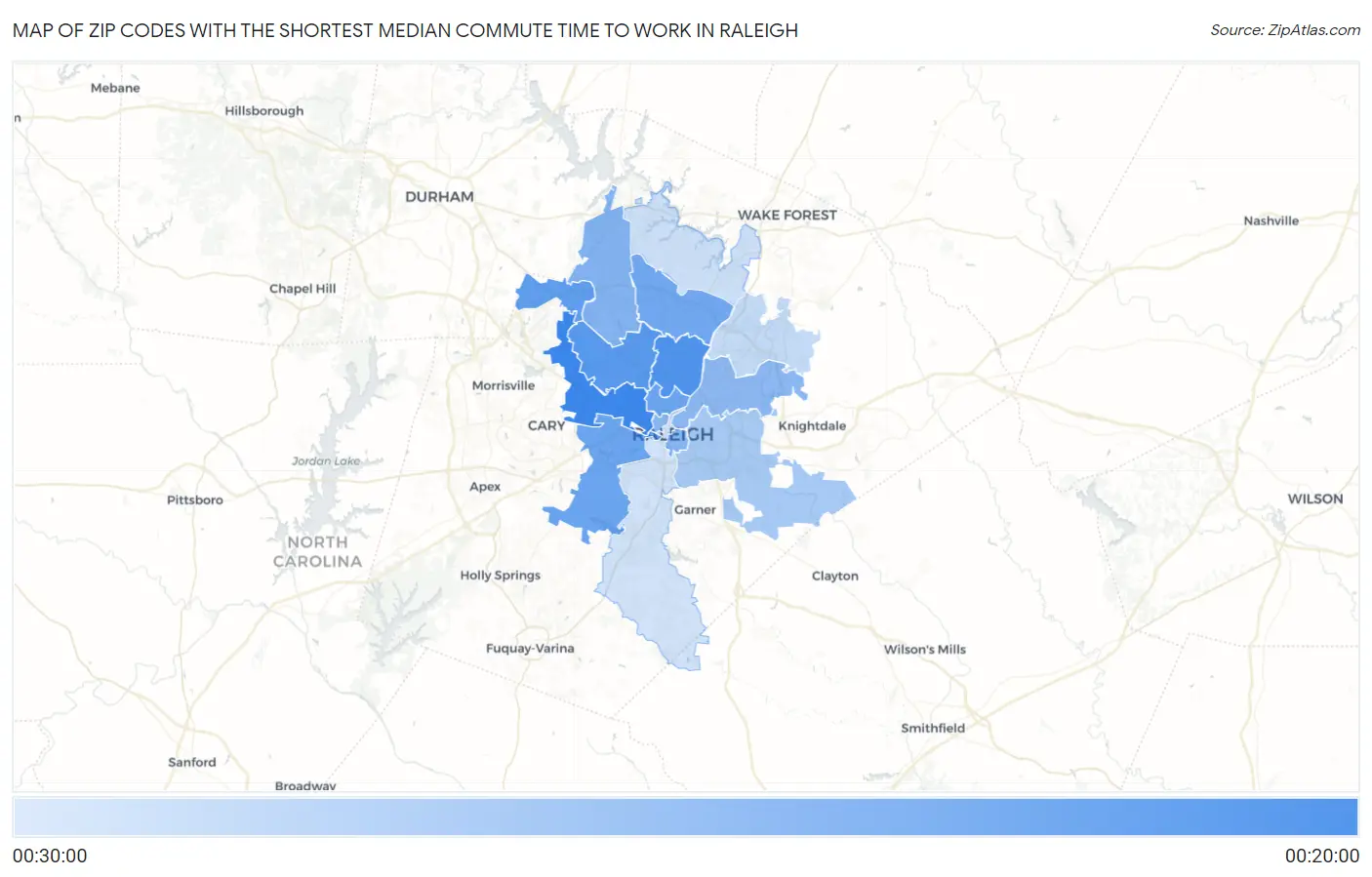 Zip Codes with the Shortest Median Commute Time to Work in Raleigh Map