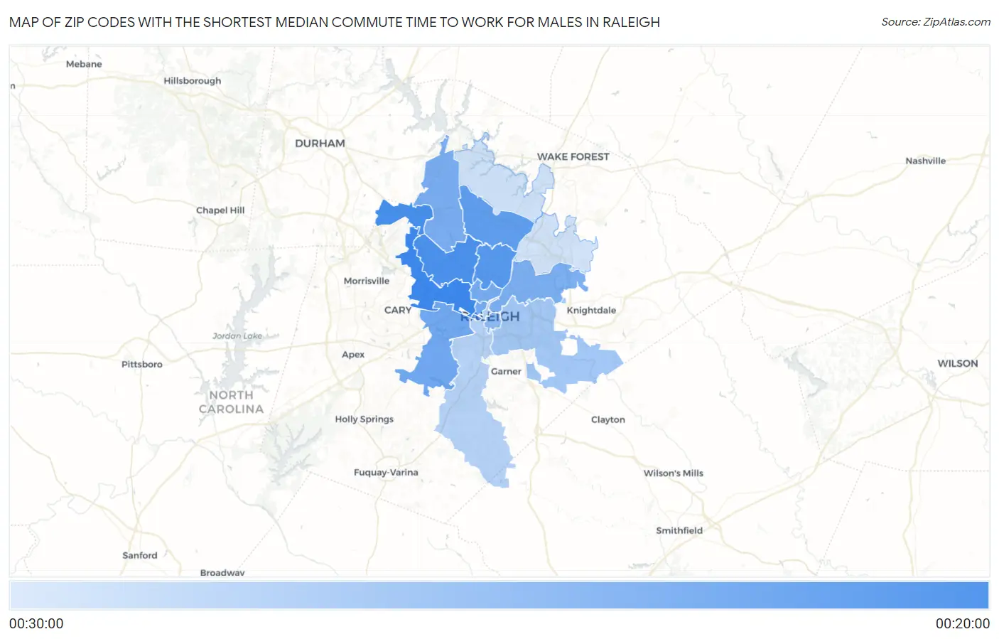 Zip Codes with the Shortest Median Commute Time to Work for Males in Raleigh Map