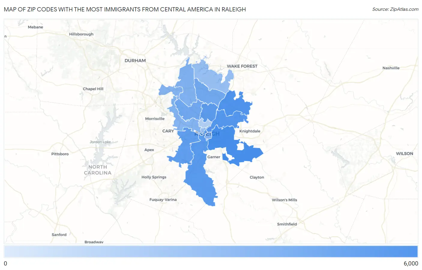 Zip Codes with the Most Immigrants from Central America in Raleigh Map