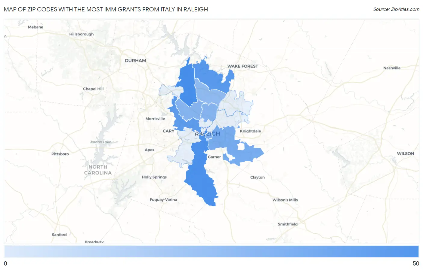 Zip Codes with the Most Immigrants from Italy in Raleigh Map
